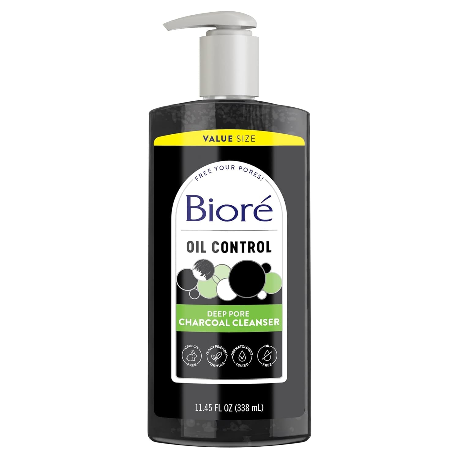 Biore Deep Pore Charcoal Face Wash, Daily Facial Cleanser for Dirt & Makeup Removal, for Oily Skin, Value Size, 11.45 Fl Oz