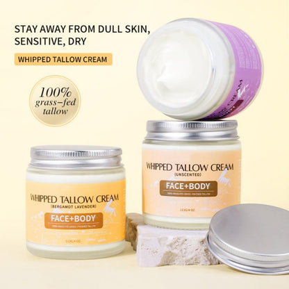 Beef Tallow for Skin, Premium Whipped Tallow Balm, Beef Tallow Moisturizer for Repairing Damaged Dry Skin, Grass Fed Beef Tallow for Skin Hydration, 4 Oz (BERGAMOT LAVENDER)