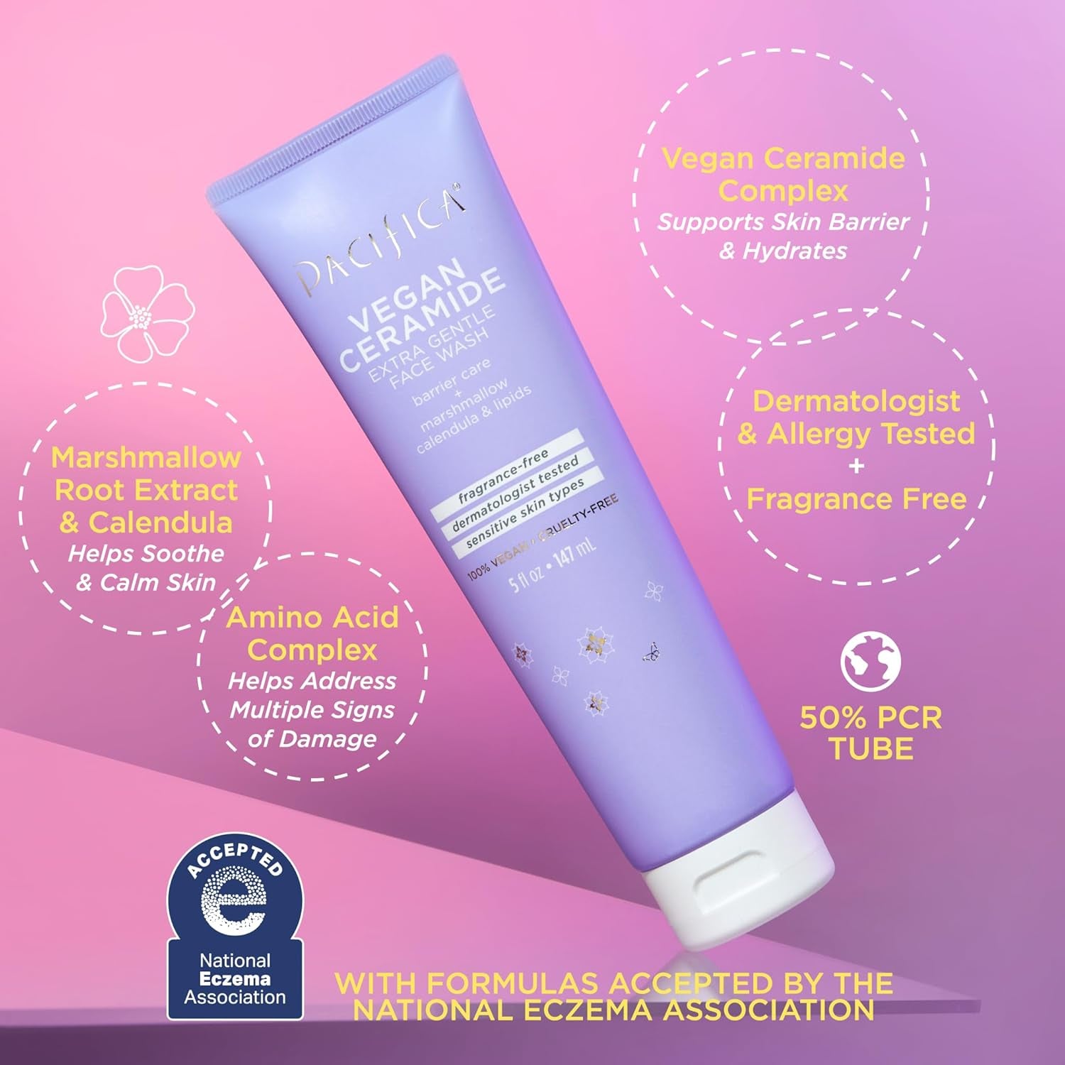 Face Wash Cleanser Vegan Ceramide Barrier Repair Extra Gentle for Daily Use Daily for Sensitive Skin, Fragrance Free, Calendula, Vegan & Cruelty-Free Dermatologist Tested