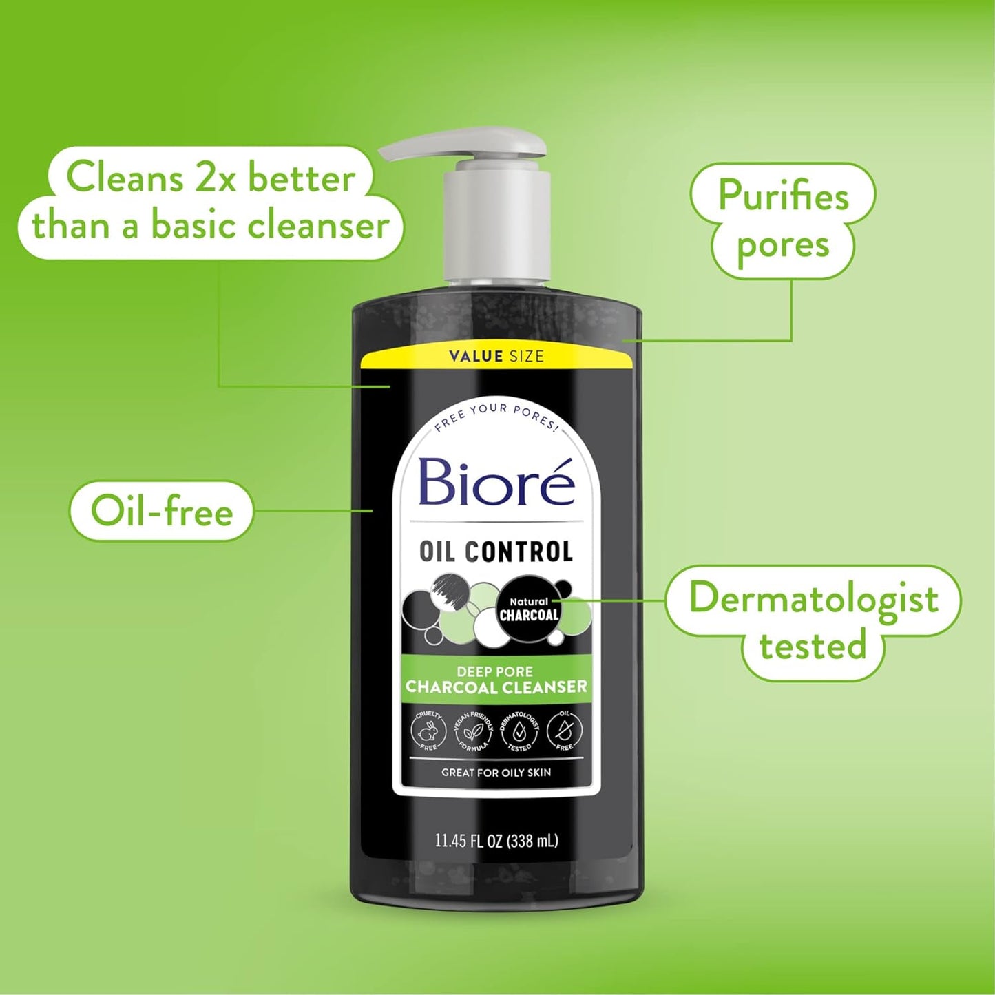 Biore Deep Pore Charcoal Face Wash, Daily Facial Cleanser for Dirt & Makeup Removal, for Oily Skin, Value Size, 11.45 Fl Oz