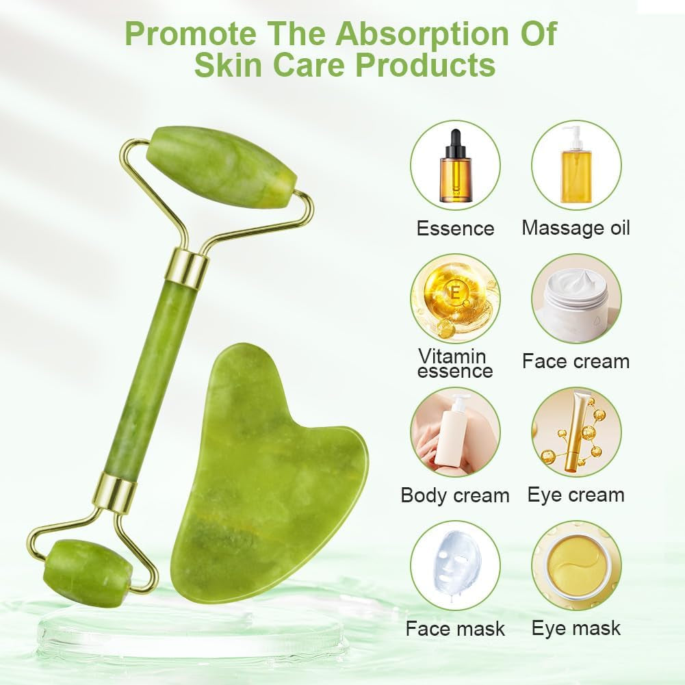 Gua Sha Facial Tools & Jade Roller Set for Face Guasha Tool for Face Ice Roller for Skin Care Gua Sha Stone Board Set for Reduce Puffiness and Improve Wrinkles Self Care Gifts(Green)